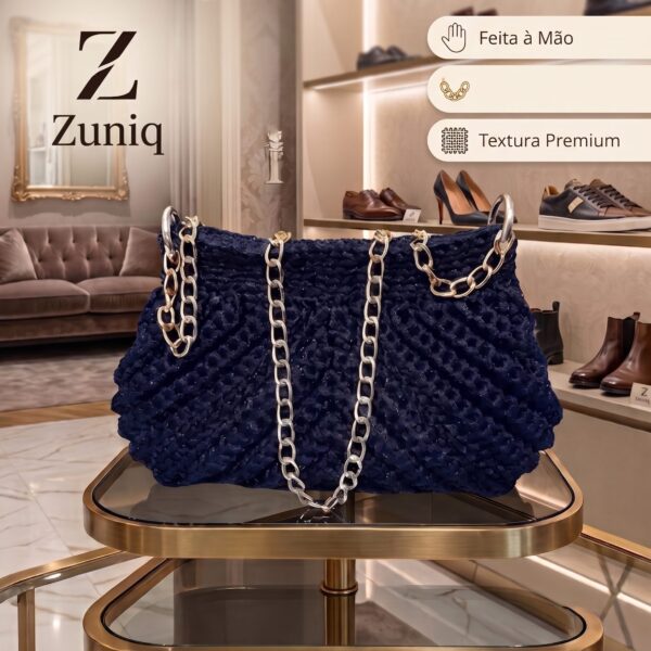 Bolsa de CrochĂȘ ZuniQ La Bella Azul Marinho Alça Corrente Prata