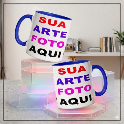 caneca de porcelana personalizavel, alça e interior azul